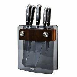 Promo ❤️ Denby 5 Piece Knife Block Set Smoked Glass 🎁